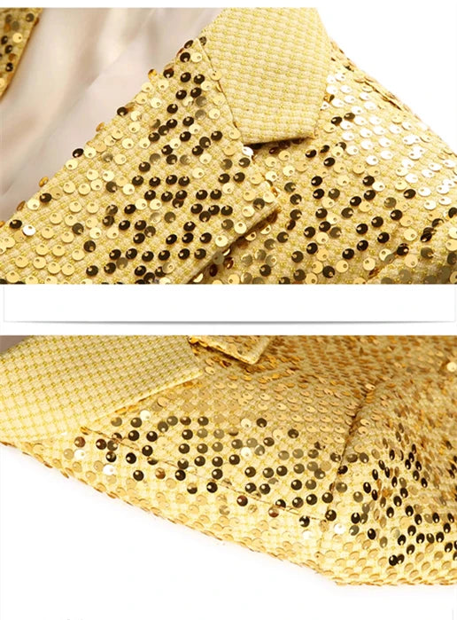 Men's Gold Sequin Slim Fashion Suit Two Piece Set, Stage Performance, Host Costume. Top+Pants