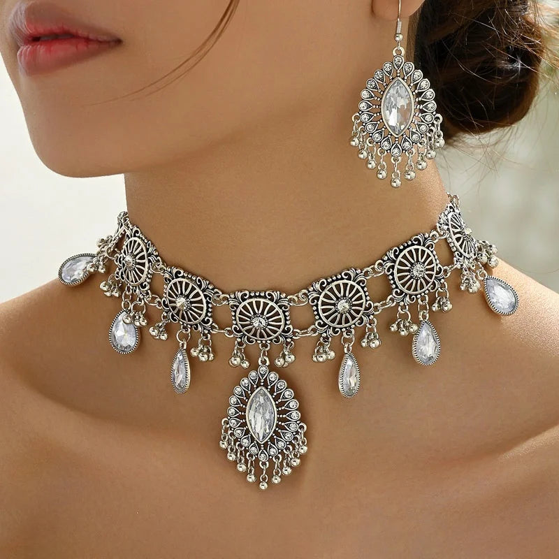 2pcs Vintage Indian Ethnic  Style Jewelry Set For Women Crystal  Inlaid Jewelry Sets  Water Drop Pendant Necklace Earring Set