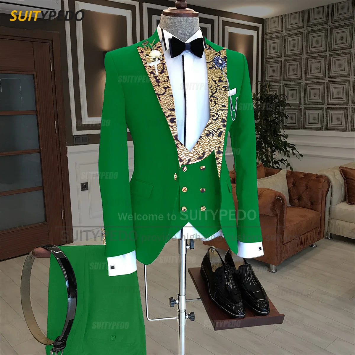 Luxury Men Suits Gold Printed Collar Formal Prom Male Elegant Costume Jacket Vest Pants 3 Pieces Wedding Party Fashion Tuxedos