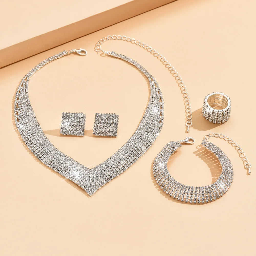2025 New Middle East Hot Selling Four Piece Set Fashionable Silver Color Necklace Bracelet Ring Jewelry Set Bridal  Accessories