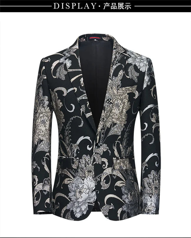 New Men Fashion Trend Wedding Party Jacquard Suit Jacket Single-breasted Slim Blazer Singer Host Stage Performance Dress Coats