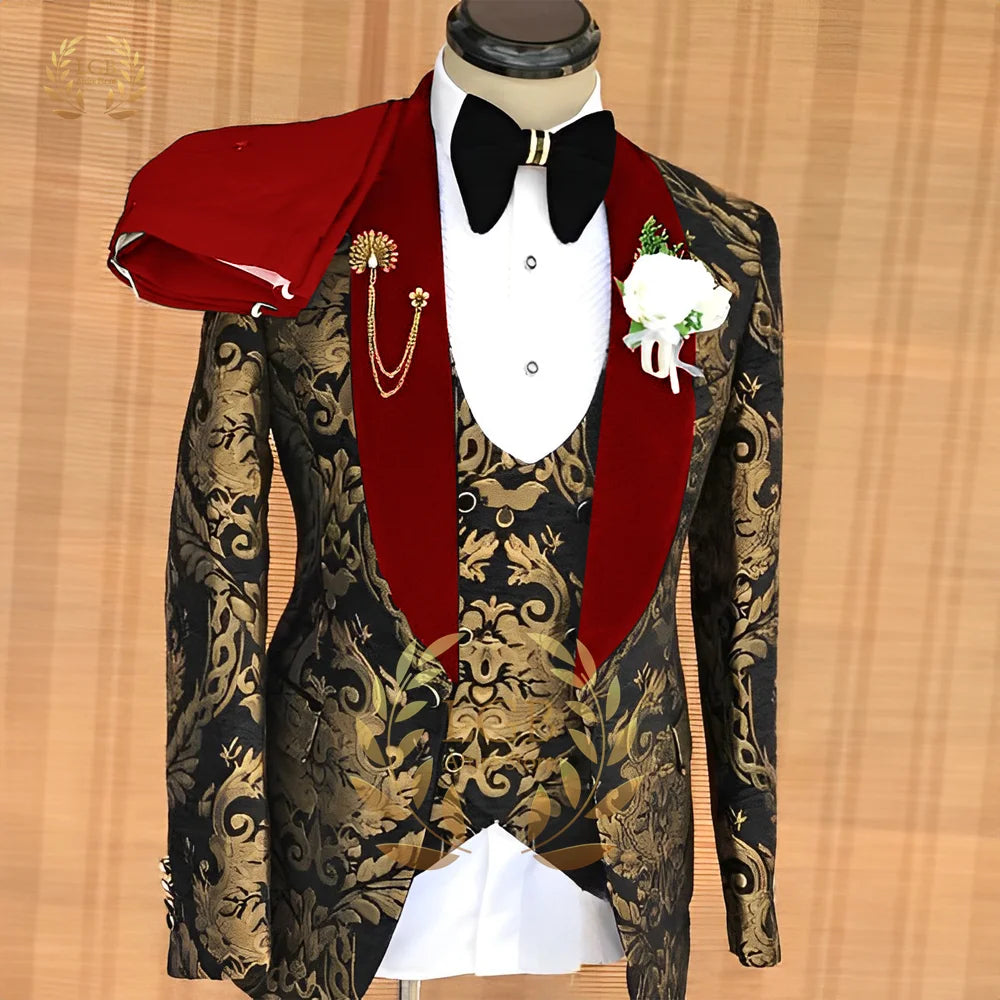 Mens Gold Jacquard Fashion Wedding Suit/Black Blazer Vest Pants 3 Piece Set/Groom Party Formal Dress Custom Tuxedo