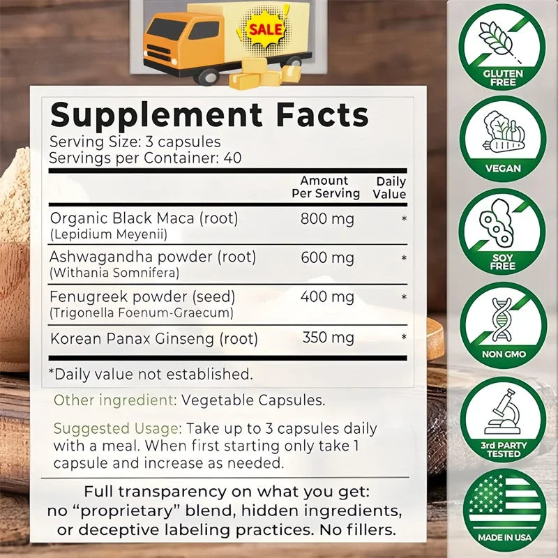 Original Black Maca Root, Ashwagandha, Panax Ginseng, Fenugreek Capsules, Male Enhancing Supplement Natural 4-in-1 Organic
