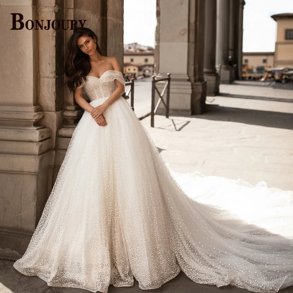 BONJOURY Charming Wedding Dress Mermaid Appliques Button Off the Shoulder Court Train Vestidos De Novia Brautmode Customized