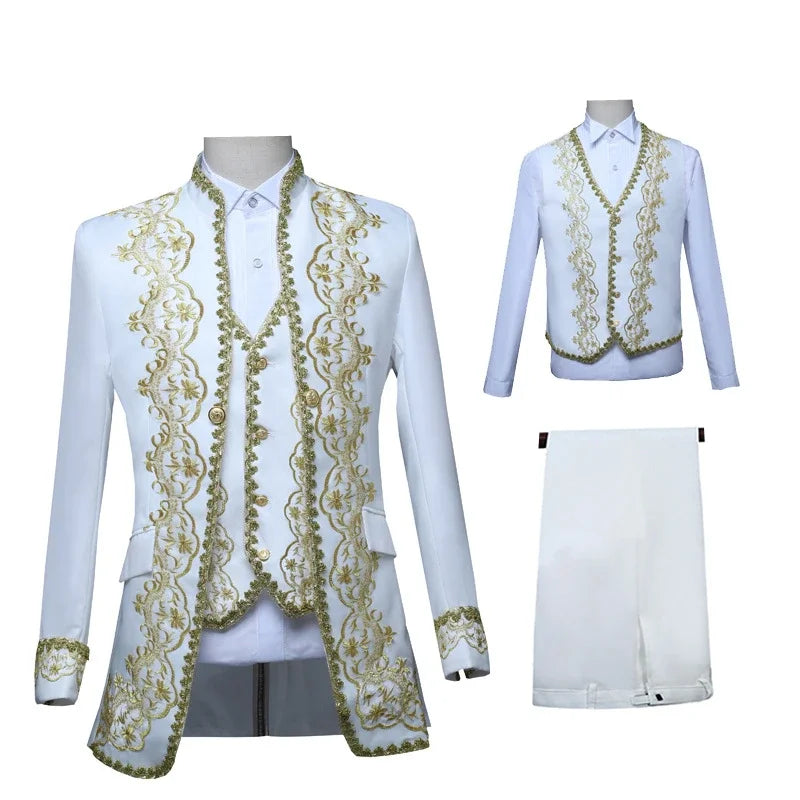 European Gold Vintage Tuxedo Men's Suit 3-Piece, Black Opera,Stage Performance Costume,White Men Sets S,M,L,XXL,3XL,4XL