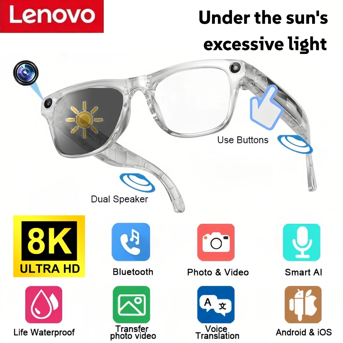 Lenovo 8K 4K AI HD Shooting Smart Glasses Multifunctional Camera Bluetooth Call Music VoicePlayer Translate Photochromic Glasses