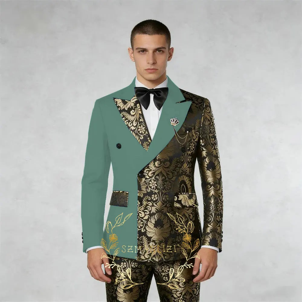 Black And Gold Floral Men's Suit 2 Piece Double Breasted Jacket Wedding Groom Tuxedo Formal Blazer Pants Sets terno masculino