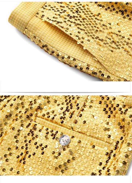 Men's Gold Sequin Slim Fashion Suit Two Piece Set, Stage Performance, Host Costume. Top+Pants