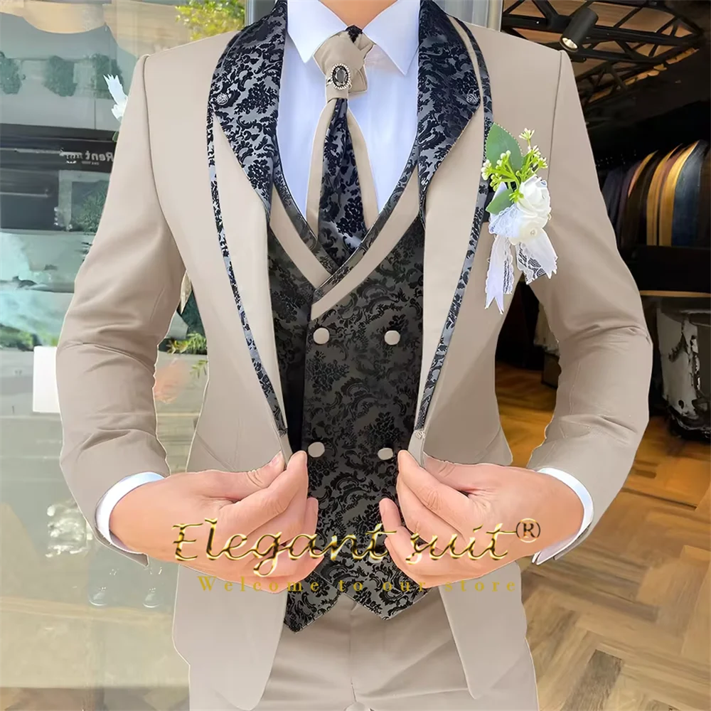 Men's 3-Piece Suit Set, Black Jacquard Vest, Contrast Style, Suit, Vest & Trousers, Weddings & Celebrations Choice