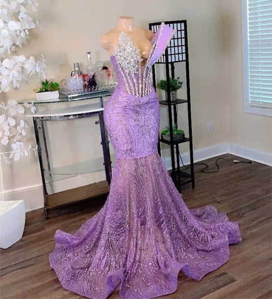Lilac African American Prom Dresses For Black Girls Mermaid V-neck Sparkly Beaded Robe De Soiree Evening Gown Customized