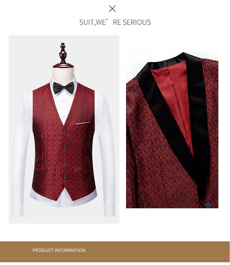 Fashion Men Luxury Wedding Suit Gold / Black / Burgundy / White Classic Homme Jacquard Tuxedo Dress Sets
