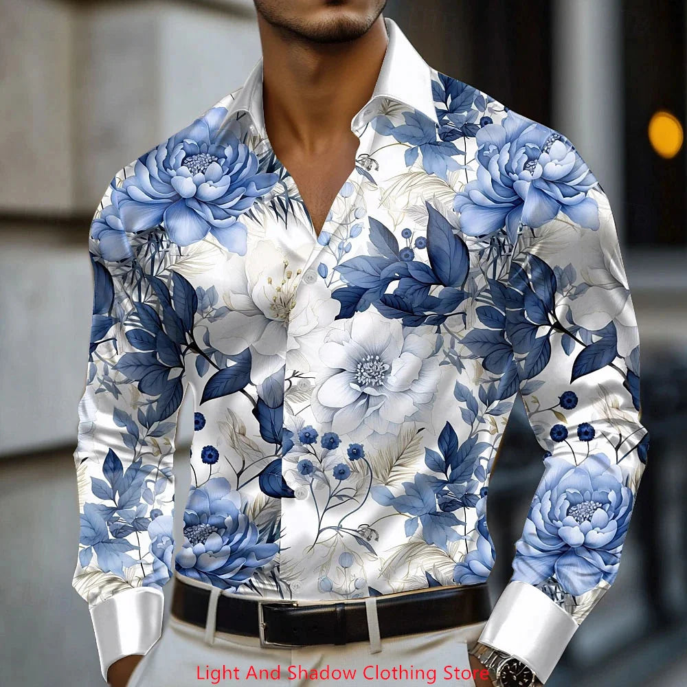 Spring and Autumn Men's Blue and White Porcelain Printed Men's Shirt Fashion Daily Vacation Collar Comfortable Soft Shirt