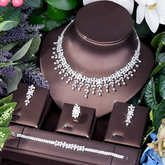 Latest Bridal Wedding Jewelry Sets High Quality Leaf Round Design Women Anniversary 4pc Necklace and Earring Sets S-346