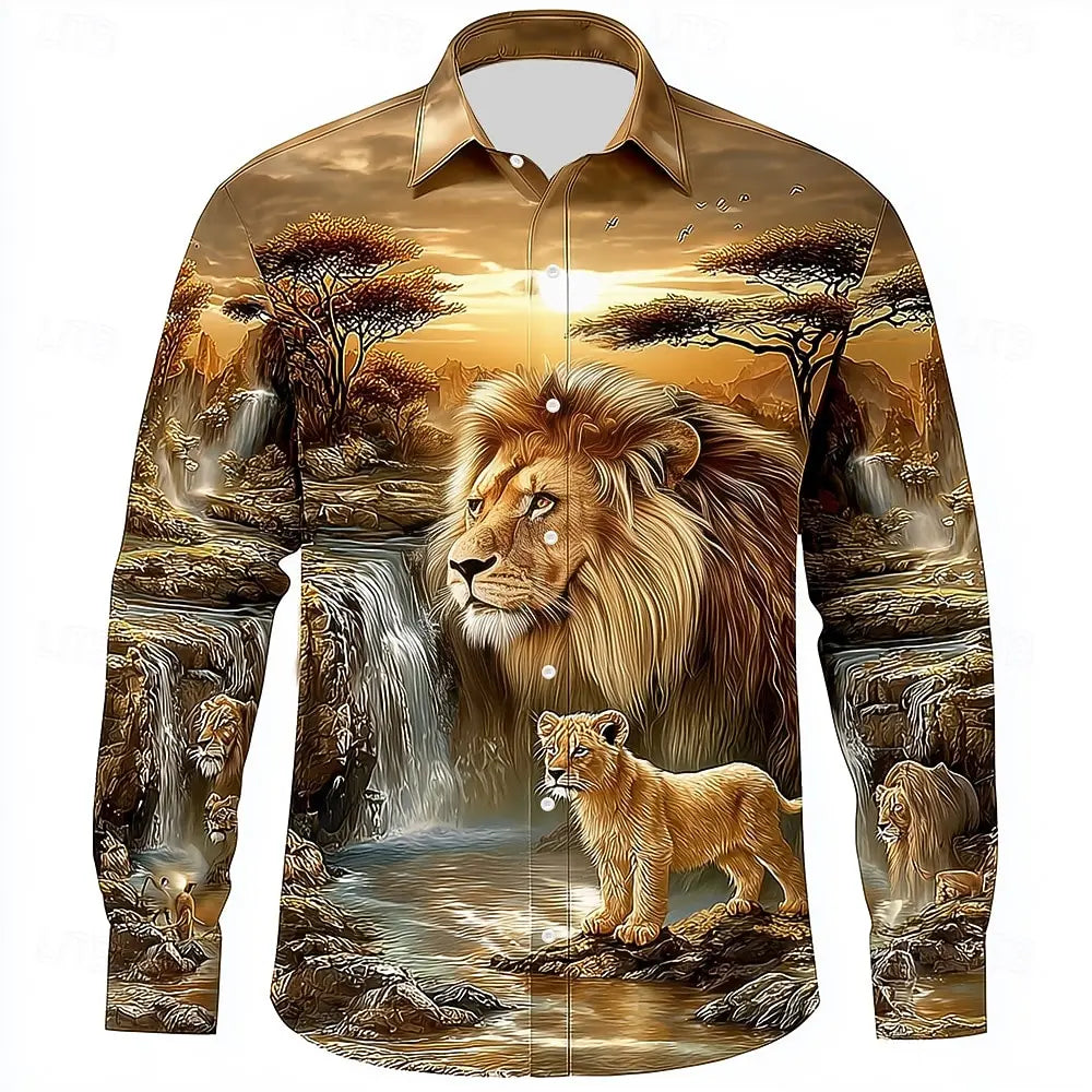 2025 Men's Animal Lion Nature Shirt Fashion 3D Printed Shirt Button Up Shirt Casual Long Sleeve Shirt Street Blouse for Mens