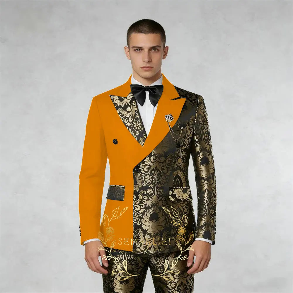 Black And Gold Floral Men's Suit 2 Piece Double Breasted Jacket Wedding Groom Tuxedo Formal Blazer Pants Sets terno masculino