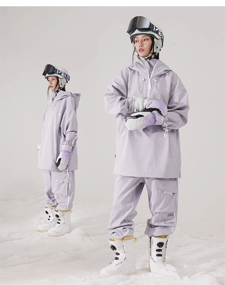 Men Women Solid Color Ski Jacket Ski Pants Warm Windproof Winter Overalls Hoodie Waterproof Outdoor Sports Clothing Snowboard